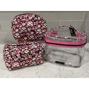 Nicole Miller New York 3-pc Clear Train Cosmetic Bags Set Case Pink Black Nylon